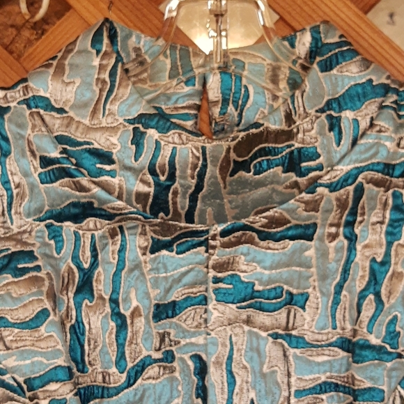Vintage Custom Made Metallic Abstract Brocade Teal and Silver Print Party Dress - Picture 2 of 7
